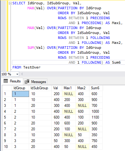 Результат выполнения команды SELECT с агрегатной оконной функцией MAX, содержащей предложение ROWS