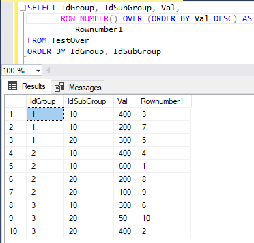 Результат выполнения команды SELECT с оконной функцией ранжирования ROW_NUMBER и сортировкой
