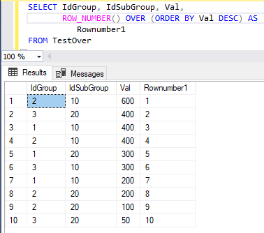 Результат выполнения команды SELECT с оконной функцией ранжирования ROW_NUMBER